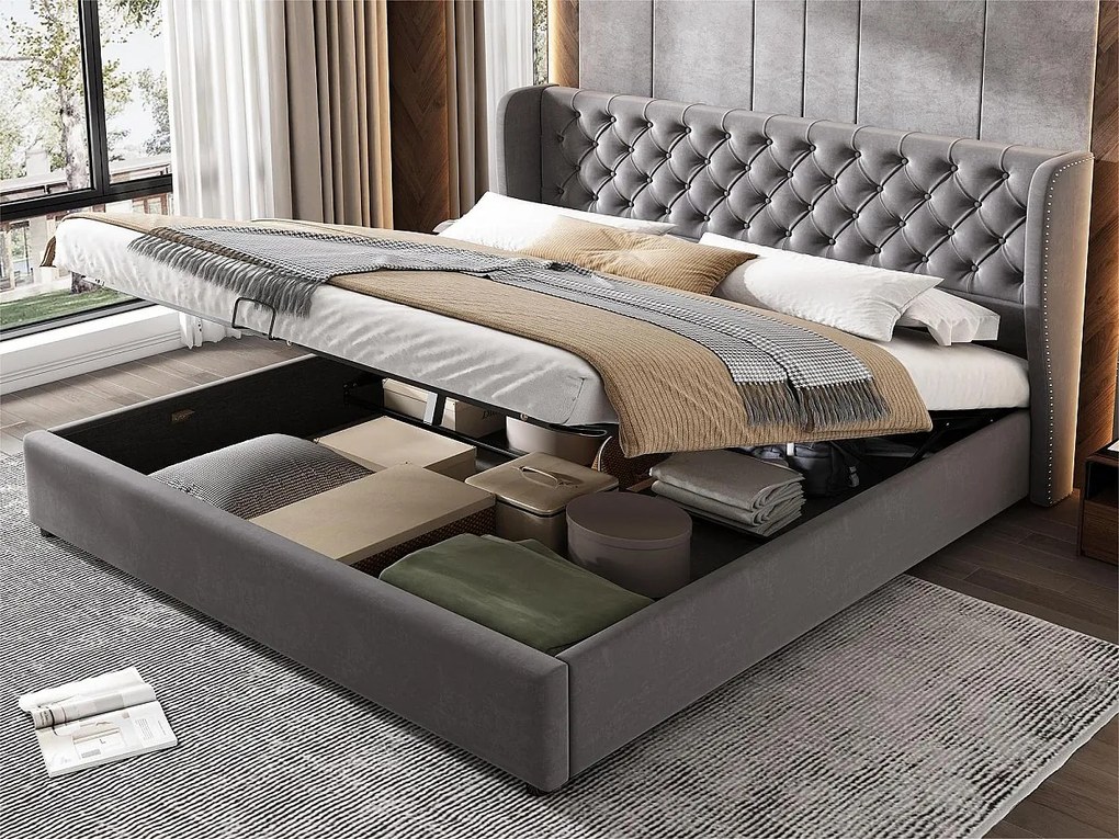 Łóżko tapicerowane welurowe 160x200cm z stelażem na listwach - Szare