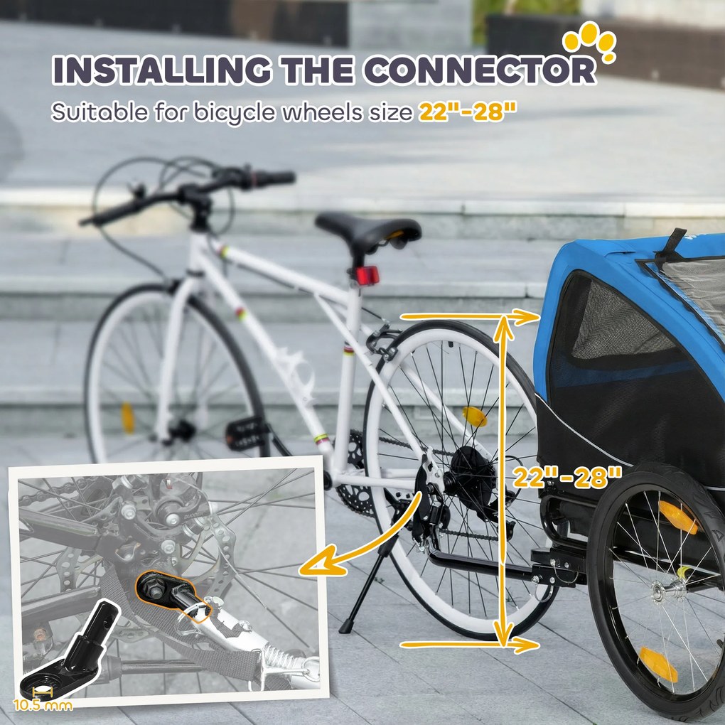 PawHut Przyczepka rowerowa dla psa, składana, z odblaskami, siatkowymi oknami, kołami, drzwiami, flagą bezpieczeństwa, dla psów do 20 kg, 138x70x89 cm, niebieska | Aosom PL