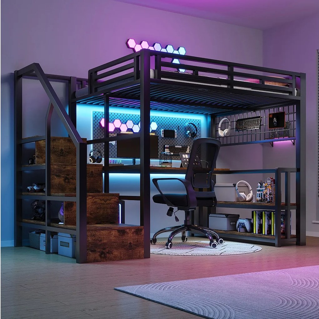 Łóżko piętrowe dla dzieci - 140 x 200 cm - rama żeliwna - z półką + diody LED + biurko + schody do przechowywania + USB - metalowe - czarne