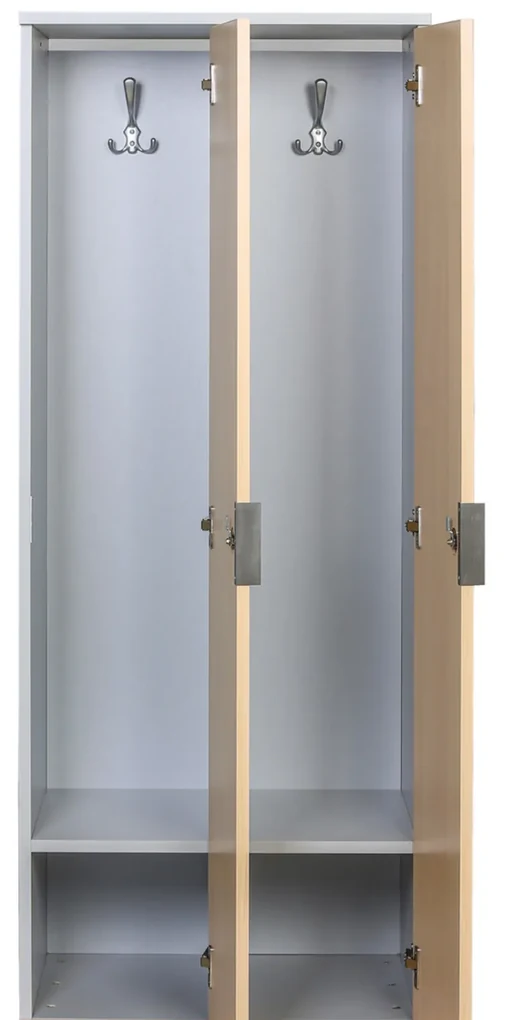 Drewniana szafa ubraniowa z ławką, 4-drzwiowa, 1871 x 1200 x 500/800 mm, zamek RFID, szary/pomarańczowy