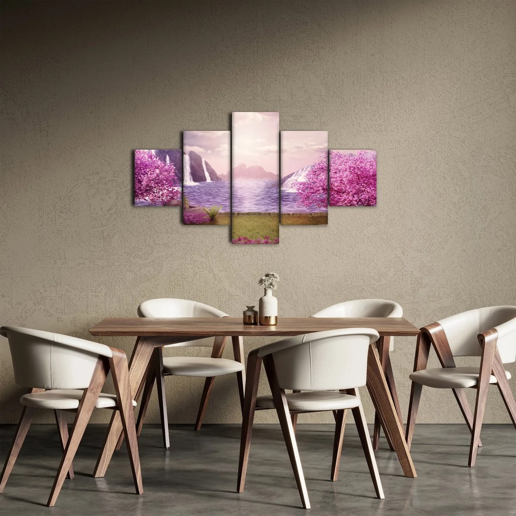 Obraz różowych drzew z jeziorem (125x70 cm)