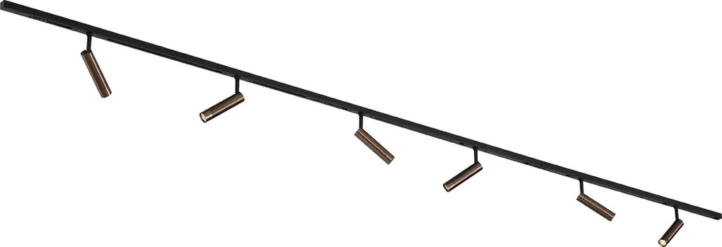 Nowoczesny system oświetlenia szynowego Slimline Uzzy z 6 ciemnobrązowymi reflektorami jednofazowymi