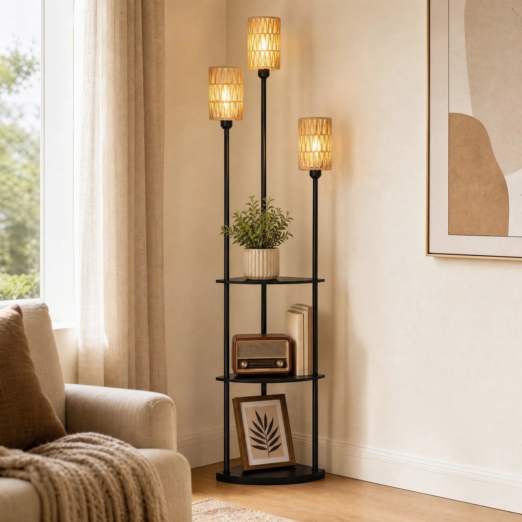HOMCOM Lampa stojąca Boho 3-płomienna, 3 półki, klosz z papierowego sznura, czarna | Aosom PL