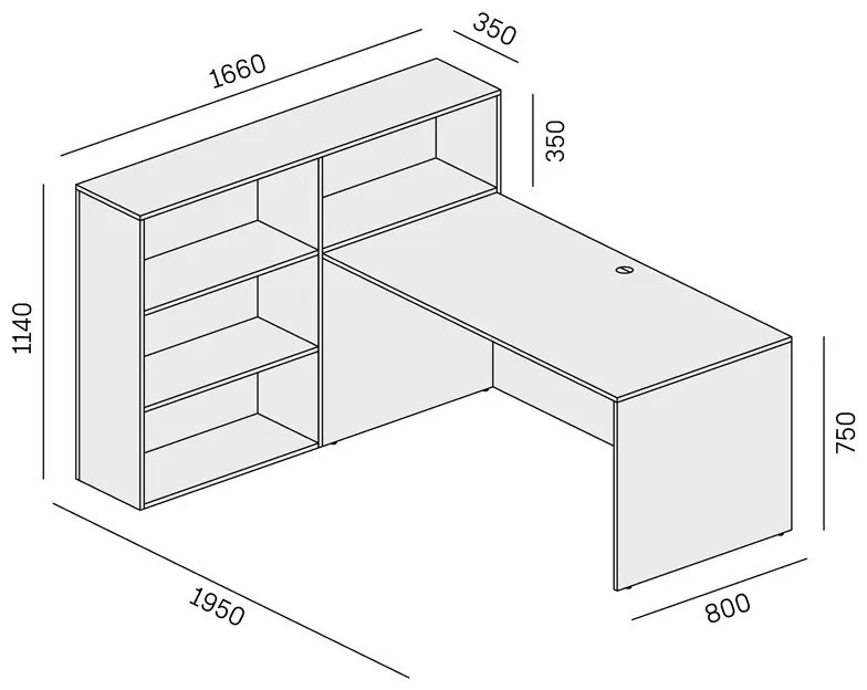 Zestaw mebli biurowych single SEGMENT, 3 półki, lewy, biały/biały