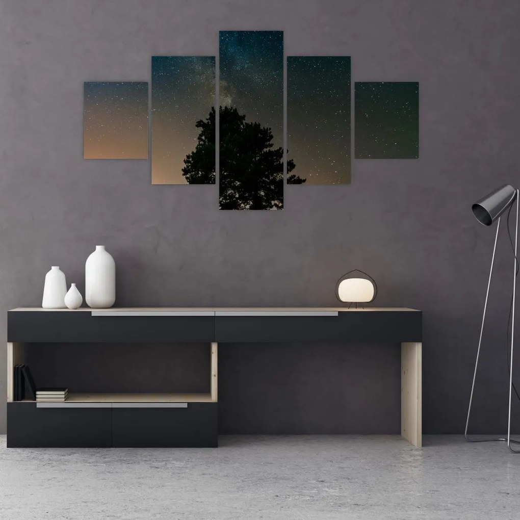 Obraz nocnego nieba z drzewami (125x70 cm)
