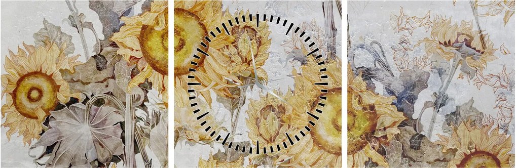 Obraz - Słoneczniki na ścianie (z zegarem) (90x30 cm)
