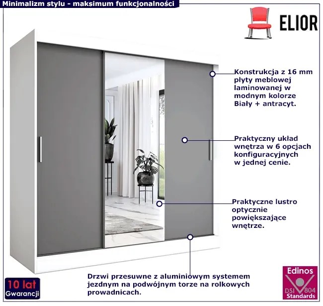 Szafa przesuwna biały + antracyt 200 cm - Massi 6X