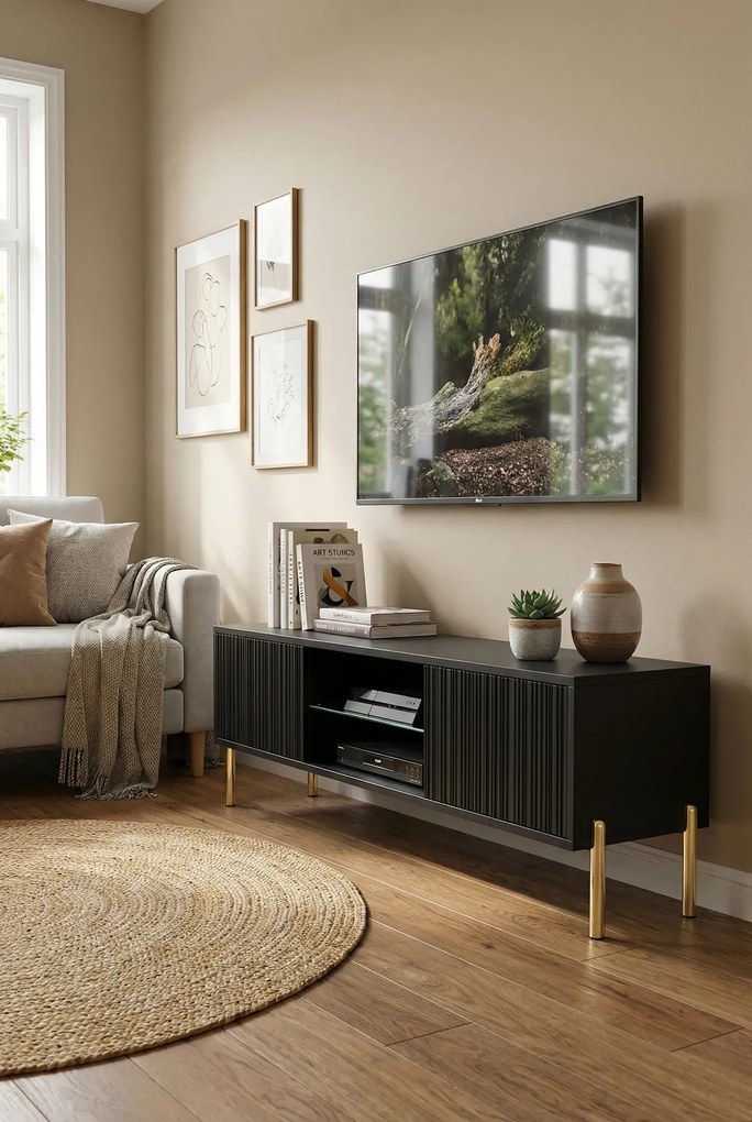 Czarna szafka RTV na złotych nóżkach 135 cm N9-P63