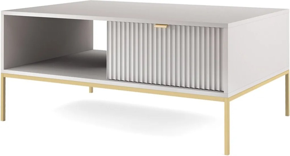 Stolik Kawowy Elegancki DomoHome NOVA – Z akcentem złotym, nowoczesna szuflada MDF, złote metalowe nogi, minimalistyczny design, Szary, 104x104x46cm