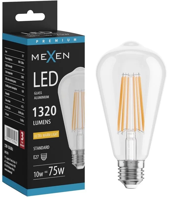 Mexen Vintis żarówka filament LED E27, ST64, 10W, Ciepła - 2200K, 1320 lm, clear - L152-E27-1022-00