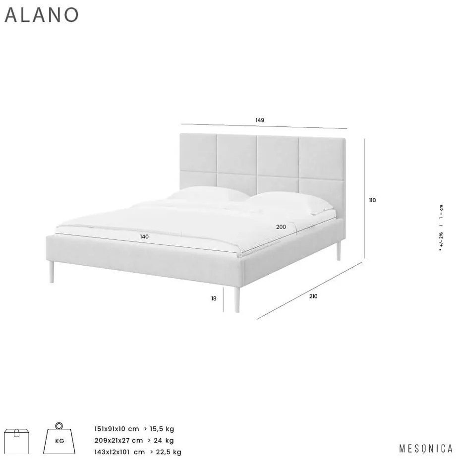Kremowe tapicerowane łóżko dwuosobowe ze stelażem 140x200 cm Alano – MESONICA