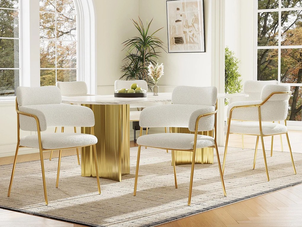 Zestaw 6 krzeseł z francuskiej tkaniny frotte - złote nogi - beż