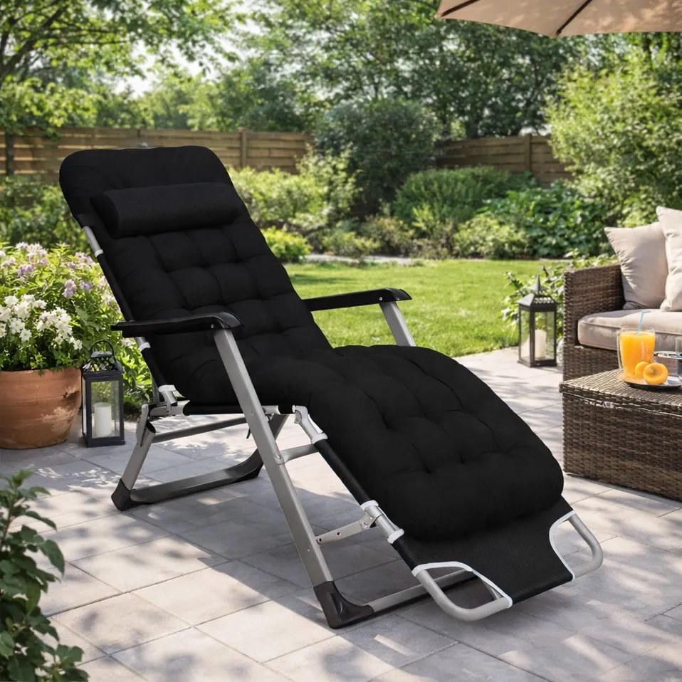 Leżak ogrodowy rozkładany Tossa, poduszka czarna, stelaż szary