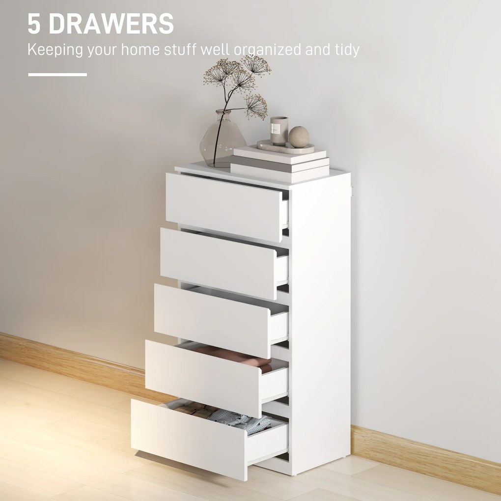 HOMCOM Komoda Sideboard z 5 szufladami, 55 cm szer x 34 cm gł x 100 cm wys, Biała