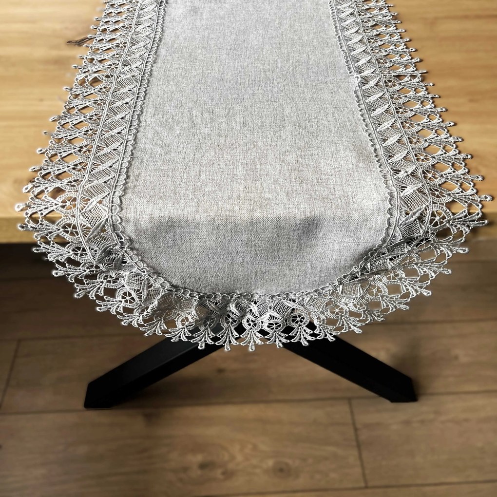 Bieżnik z gipiurą owalny imitacja lnu szary stylowy - 60x120 cm