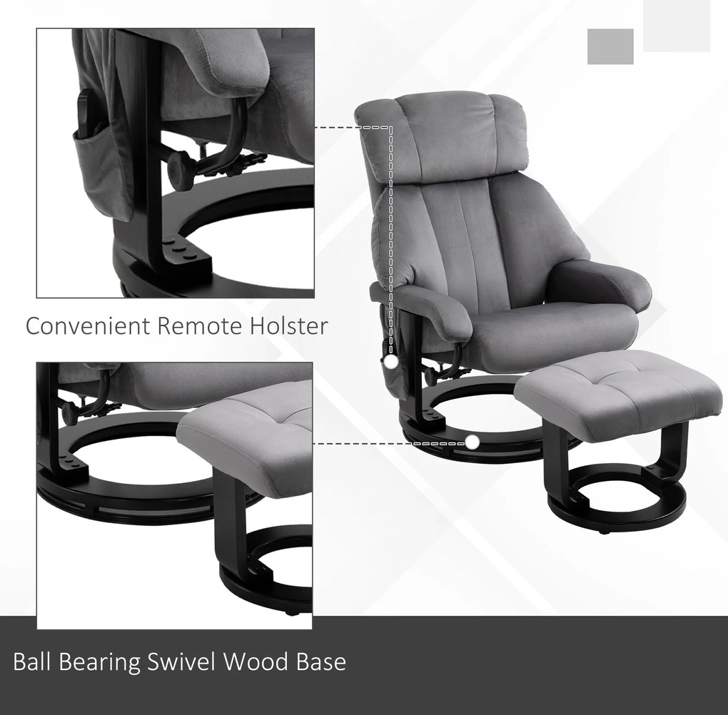HOMCOM fotel do masażu fotel telewizyjny fotel z podnóżkiem funkcja masażu aksamitny poliester szary 76 x 80 x 102 cm