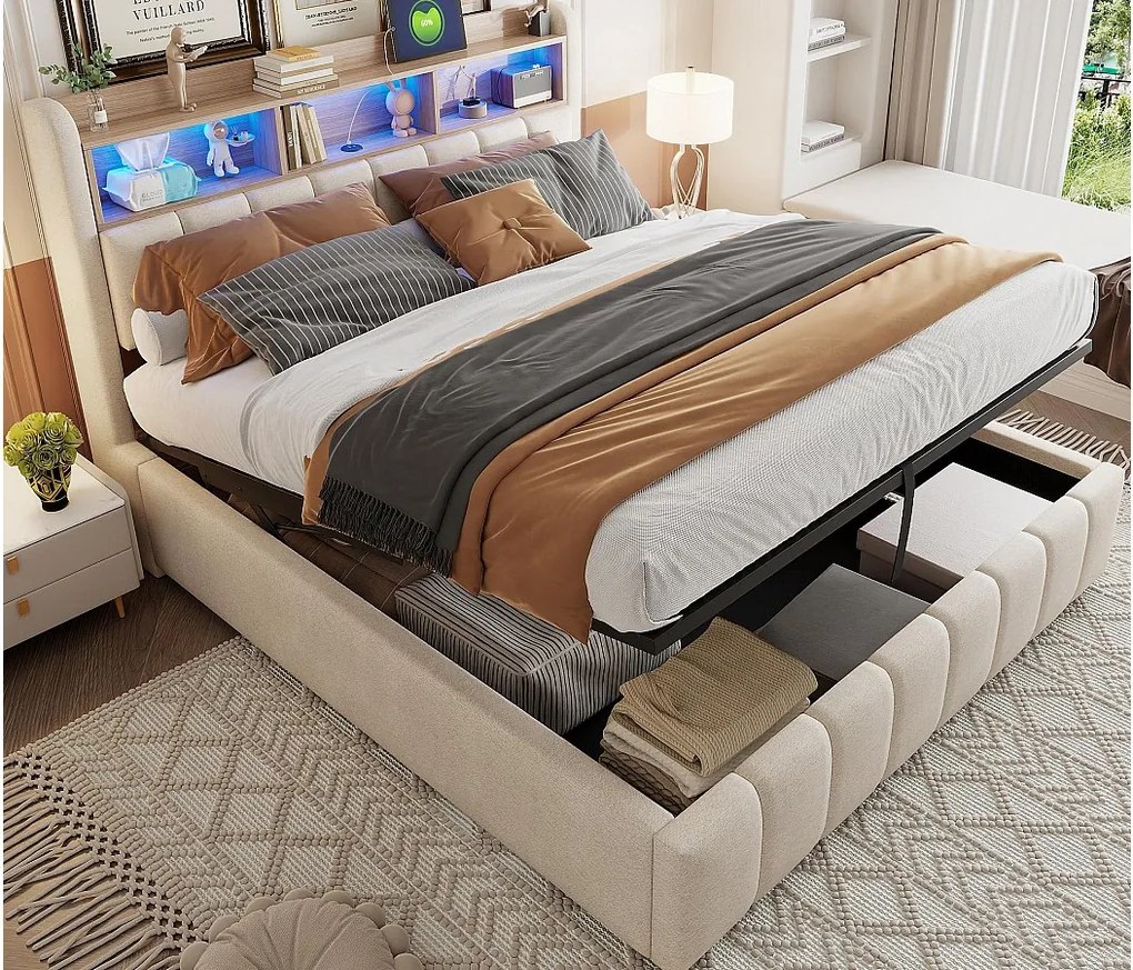 Łóżko z pojemnikiem i tapicerowanym zagłówkiem 180x200 cm - z oświetleniem LED + portem USB - Len - beżowe (bez materaca)