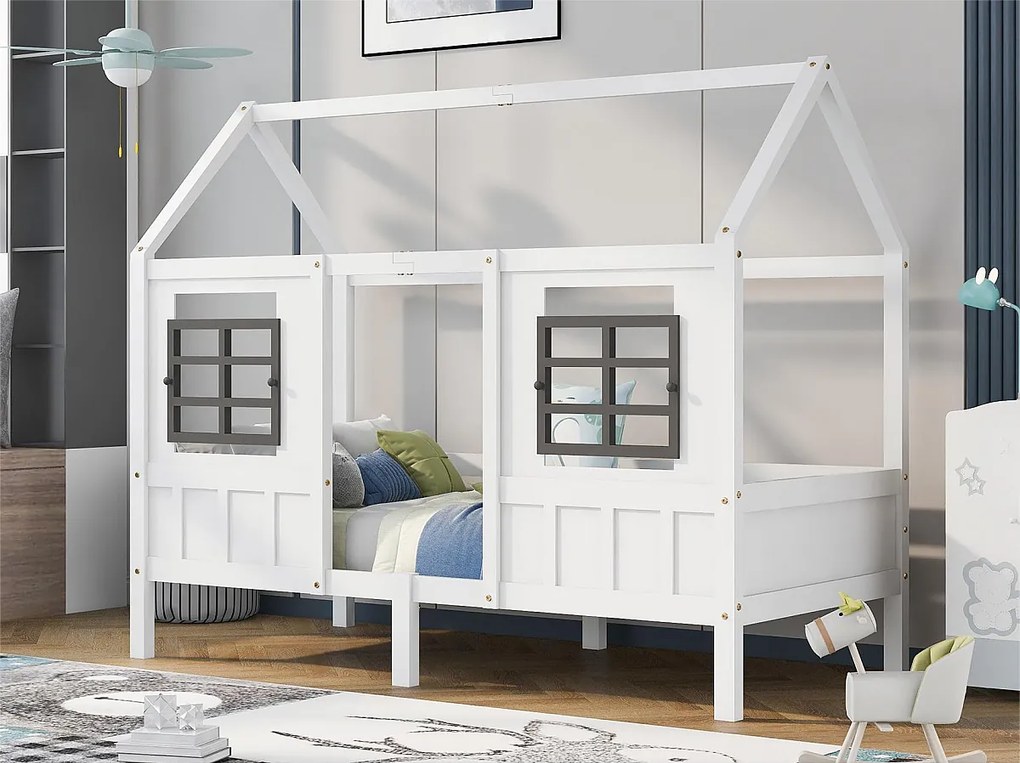 Łóżko kabinowe 90 x 200 cm z drewna z oknami, białe