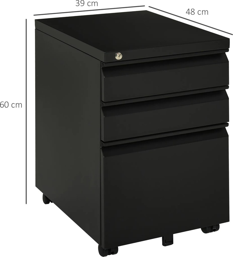 Vinsetto Rollcontainer Biurowy z 3 Szufladami Czarny 39x48x60cm Przechowywanie Dokumentów | Aosom PL