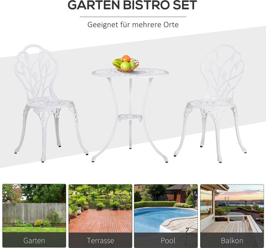 Outsunny Stylowy Zestaw Mebli Balkonowych 3-częściowy - Aluminium, Biały Kolor, 2 Krzesła, Stół z Otworem na Parasol