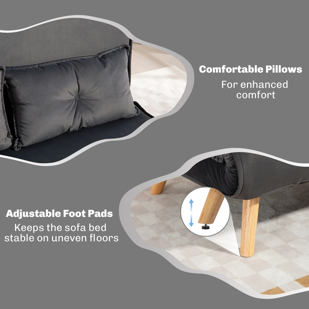 HOMCOM Dwuosobowe sofa do spania, kanapa, która przekształca się w łóżko, regulowane oparcie, pokrycie materiałowe, metalowa rama, szary