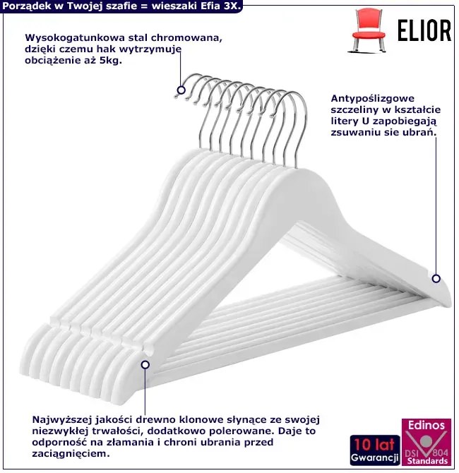 Komplet 10 białych wieszaków drewnianych do szafy M6-B65