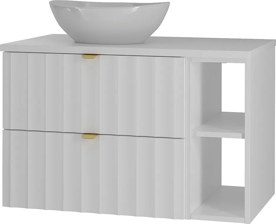 Biały Zestaw Łazienkowy 80cm Szafka z Blatem Regał Umywalka Ryflowane Fronty Arcos