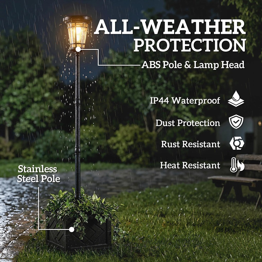 Outsunny Lampa Solarna Stojąca z Donicą 195 cm Zewnętrzna Latarnia Ogrodowa z 2 Poziomami Jasności Czujnik Światła IP44 | Aosom PL