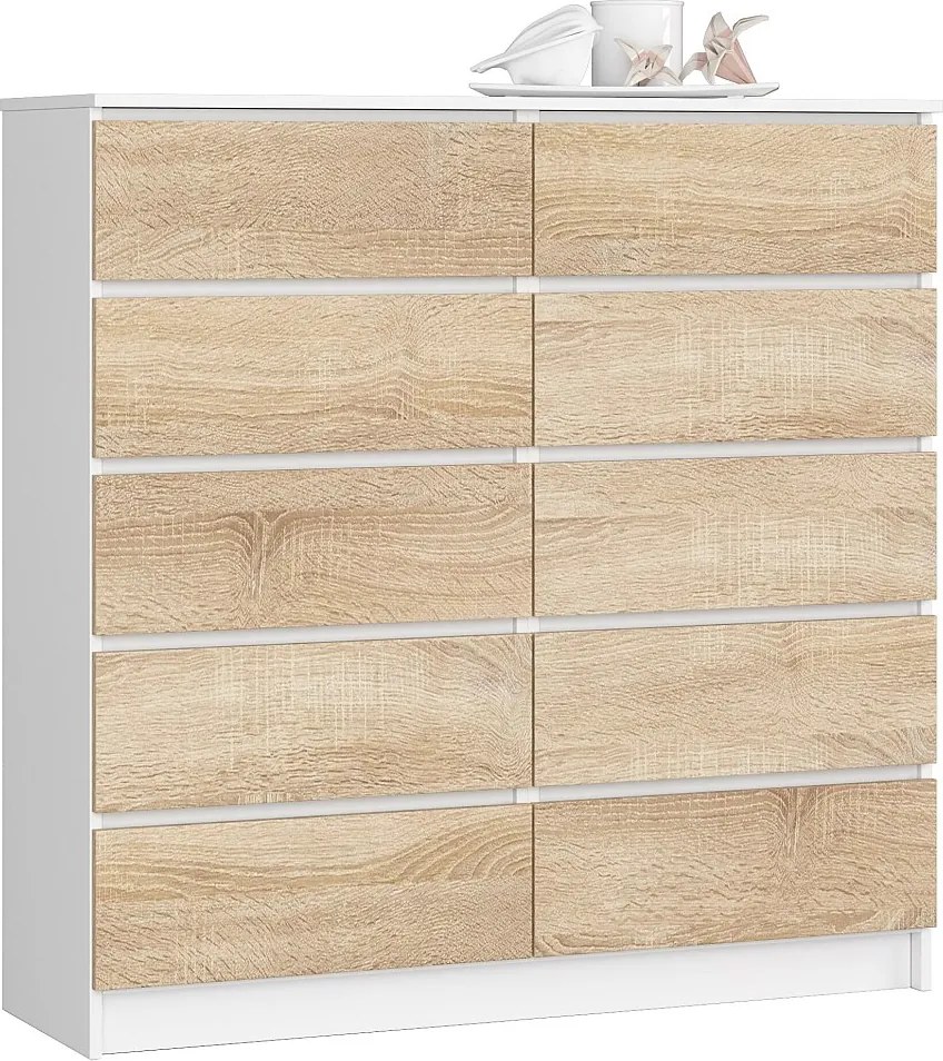 Komoda AKORD K120 Biała 120 cm 10 szuflad kolor Dąb Sonoma mat 120x40x121 cm