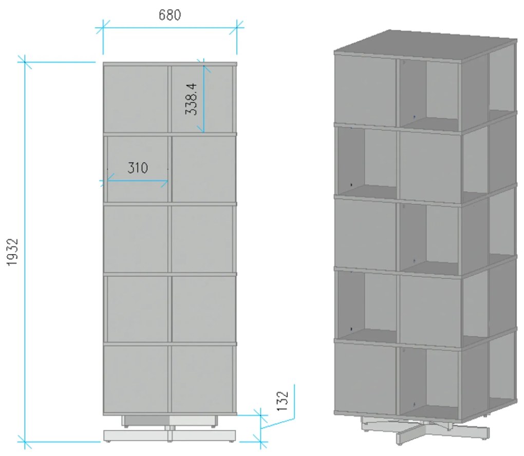 Półka obrotowa, 680×680×1932 mm, 4x 5 przegródek, dąb naturalny