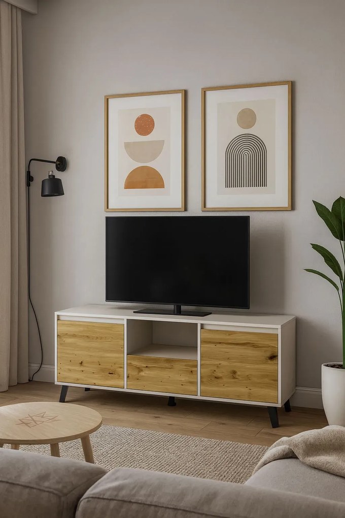 Szafka RTV na czarnych nóżkach kaszmir + dąb artisan R0-B56