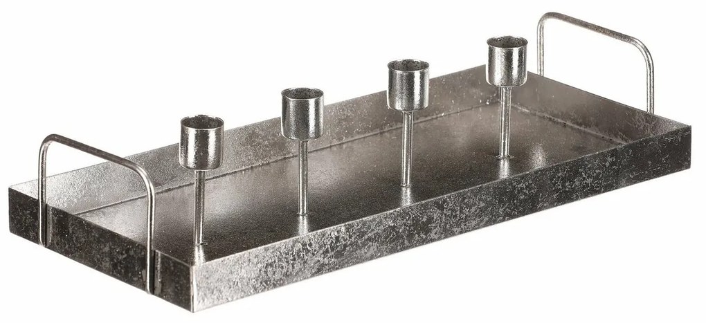 Metalowy świecznik na 4 stożkowe świece,prostokątny, srebrny