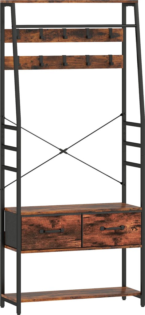 HOMCOM Garderoba z półką na buty, stojak na płaszcze z siedziskiem, 10 haczyków, 2 materiałowe szuflady, drążek, płyta wiórowa, metal, brązowy