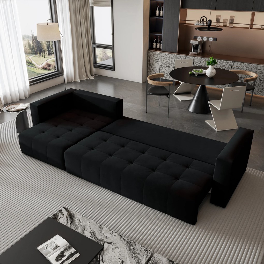 Masseno Narożnik OLVERA z funkcją spania i pojemnikiem na pościel Narozniki L, Rozkładana sofa - Czarny, KRONOS 07
