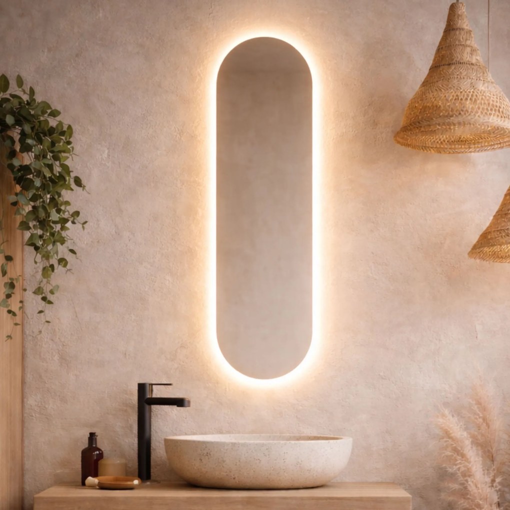 Lustro owalne bez ramy oszlifowane obracalne z podświetleniem PLATAN Slim LED | Różne rozmiary | Różne kolory : Kolor tafli szkła - Srebrny, Rozmiar - 20 x 80 cm