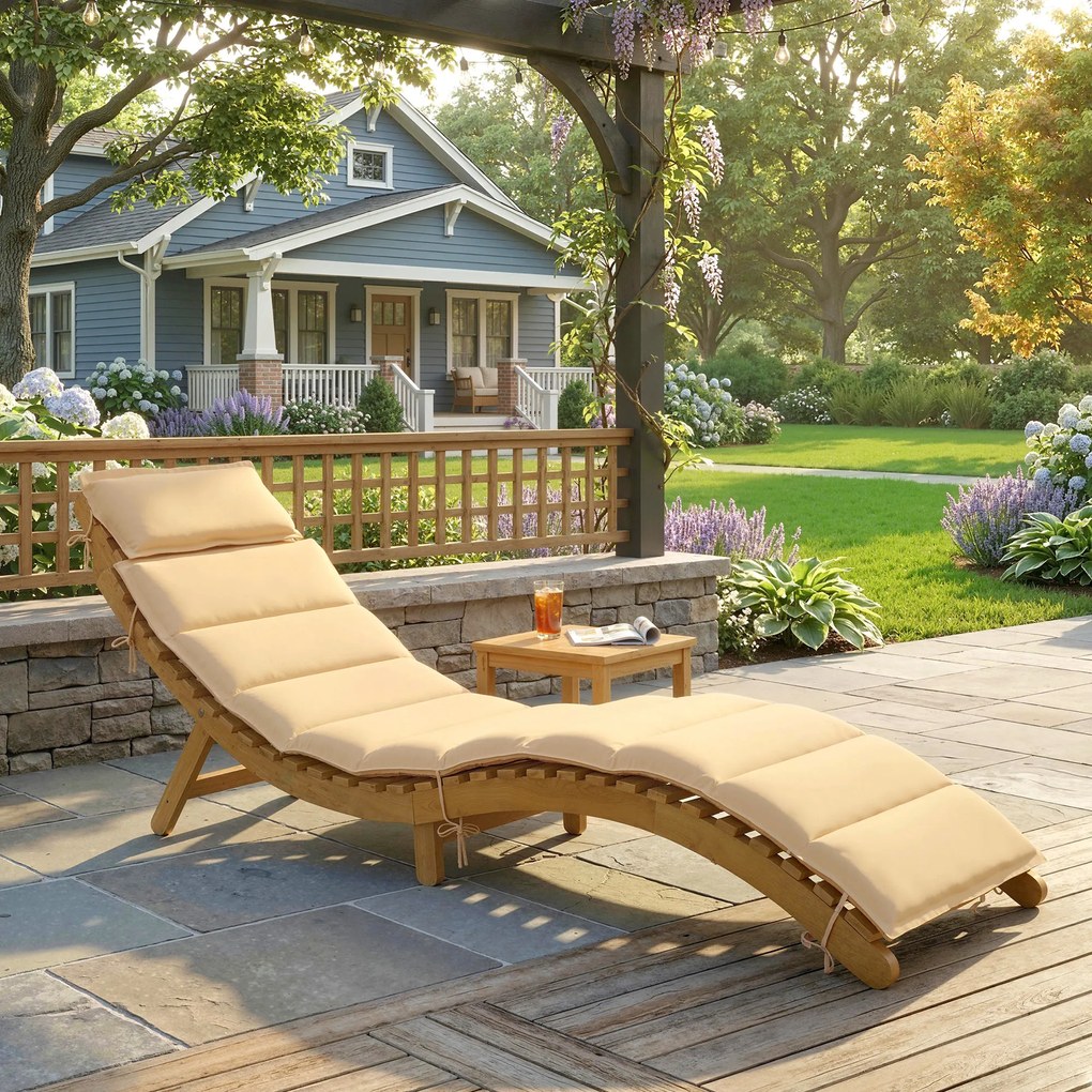 Outsunny Leżak słoneczny składany odporny na warunki atmosferyczne leżak ogrodowy z drewna z tapicerką i zagłówkiem uchwyt do przenoszenia 183 x 54 x 63 cm, beżowy | Aosom PL