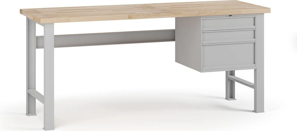 Stół warsztatowy G7, blat bukowy, 2000 x 800 x 840 mm, 1x kontener, 3x szuflada, szary