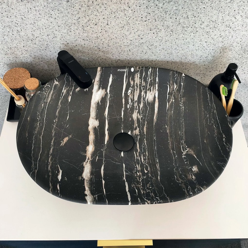 Umywalka ceramiczna nablatowa marmurowa owalna czarna 60 x 42 cm MARMO black matt