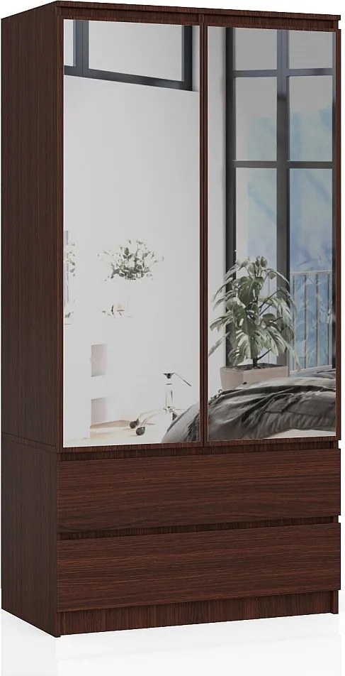 Szafa AKORD S90 Wenge 90 cm z lustrem 2 drzwi 2 szuflady kolor Wenge mat 4 półki 90x51x180 cm