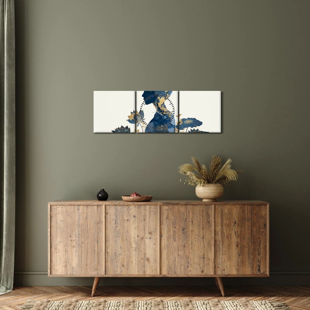 Obraz - Marmurowy profil kobiety (z zegarem) (90x30 cm)