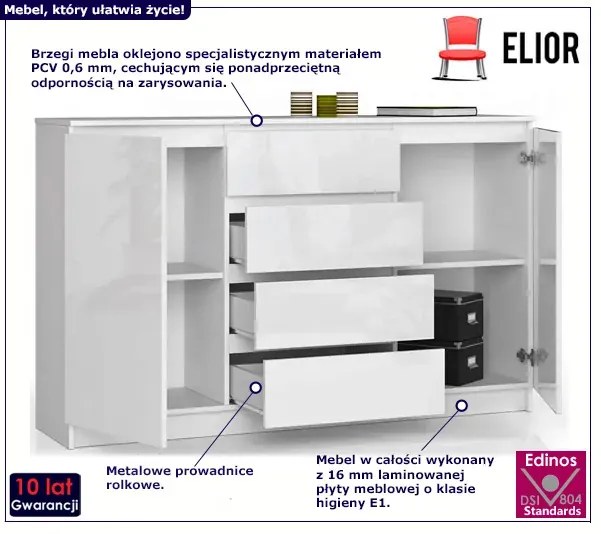 Biała komoda z szufladami w połysku Ilumox