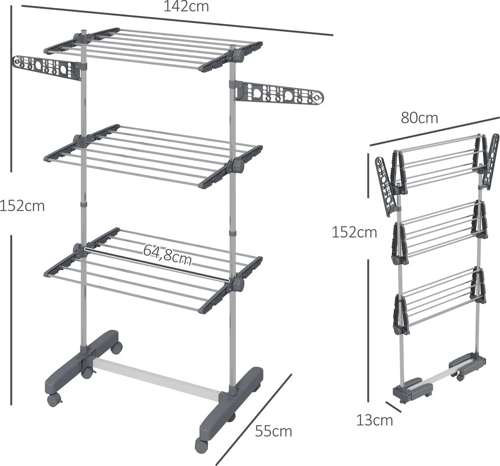 HOMCOM Stojak na pranie składana suszarka do ubrań 4 poziomy system One-Click 142x55x152 cm | Aosom PL
