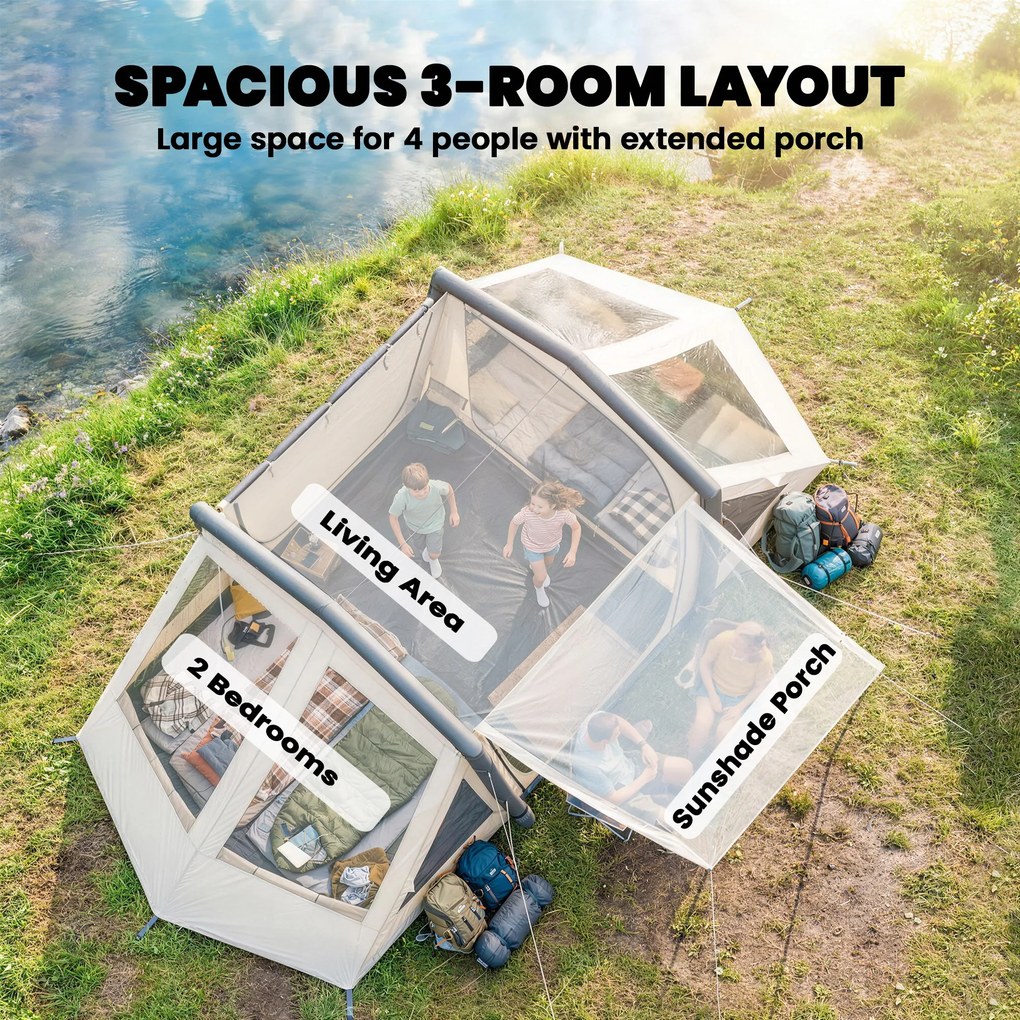 Outsunny Namiot pneumatyczny 4-osobowy, szybki montaż, outdoorowy namiot na camping z 2 sypialniami i przedsionkiem | Aosom PL