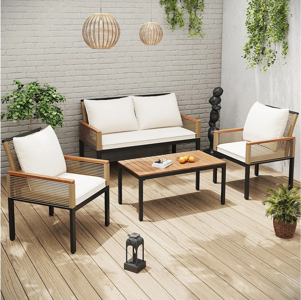 Zestaw mebli ogrodowych metalowych modułowych: 1 sofa 2-osobowa + 2 fotele + 1 stolik kawowy - Beżowy