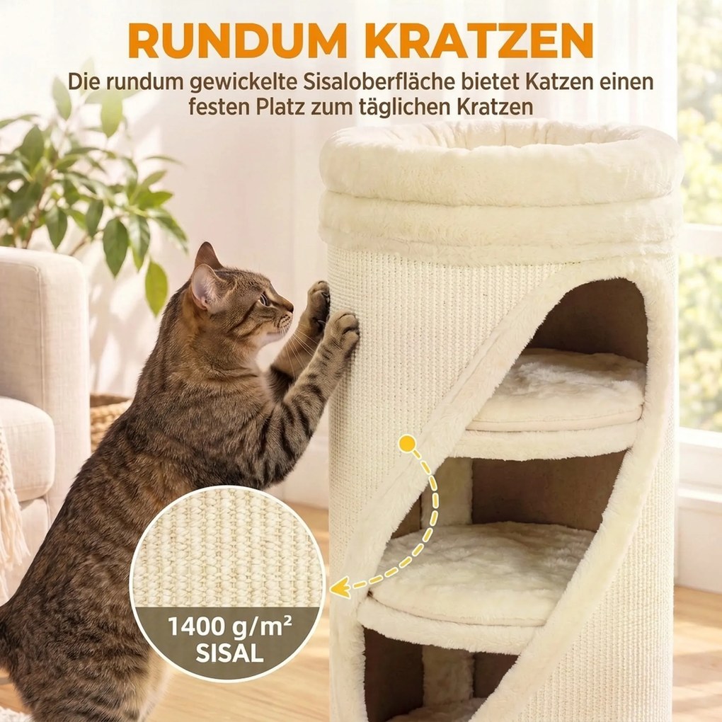 PawHut Beczka do drapania 75 cm wys. Ø 35 cm 4-poziomowa kocia beczka z 3 jaskiniami, zdejmowane prane pluszowe legowisko, mata z sizalu | Aosom PL