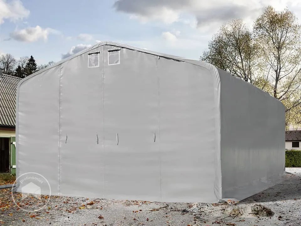 TOOLPORT 8x24m Namiot garażowy - 4 m wysokość ścian bocznych z 4x4,6m brama, PRIMEtex 2300, szary, ze statyką (podłoże gruntowe) - (99467)