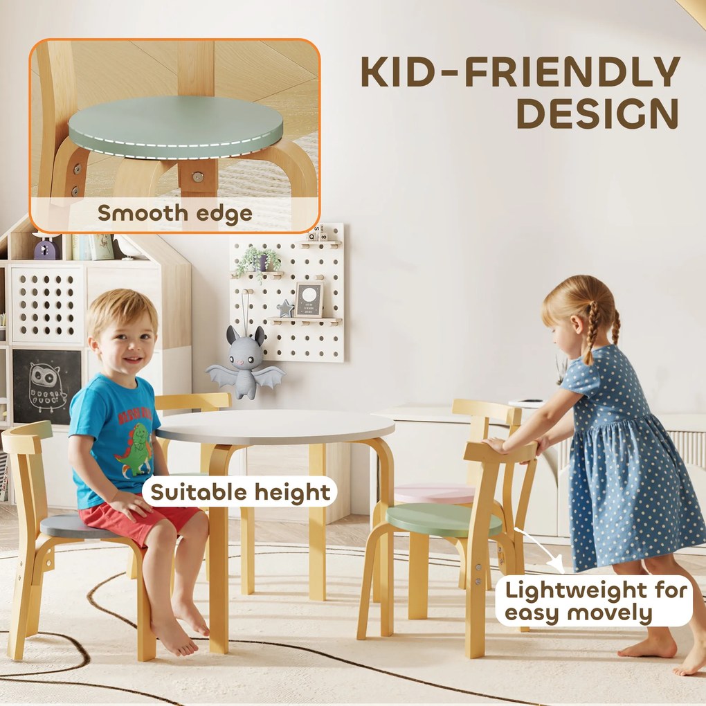 AIYAPLAY 5-częściowy zestaw stolik i krzesła dla dzieci, lekkie lite drewno, kolorowy