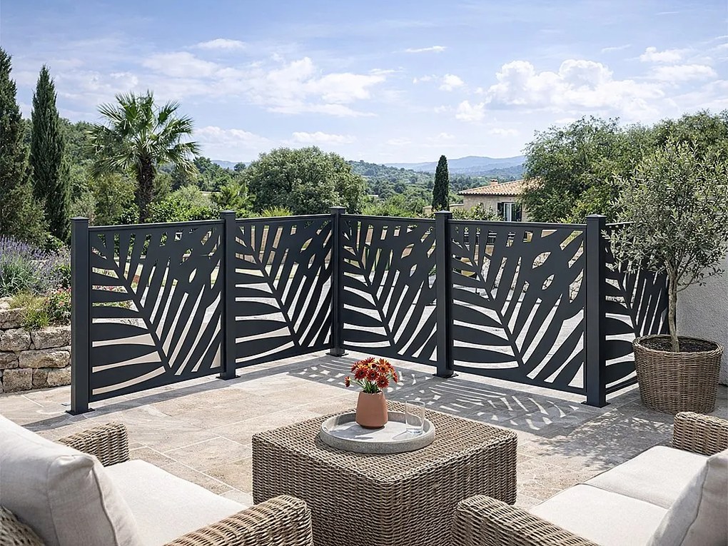 Ogrodzenie aluminiowe do postawienia z motywem tropikalnym wyciętym laserowo – zestaw startowy – wys. 114 x szer. 118 cm – antracyt – TOGIRO