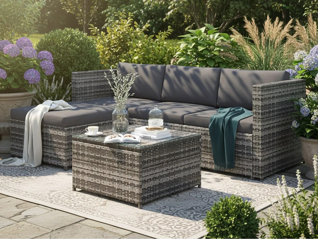 Salon ogrodowy z plecionego tworzywa - Kanapa narożna zewnętrzna ze stolikiem kawowym - 4 osoby - Szary