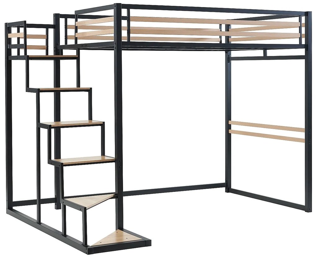 Łóżko antresola 140 × 200 cm – metal i MDF – kolor czarny i naturalny – z materacem w zestawie – JOGUI